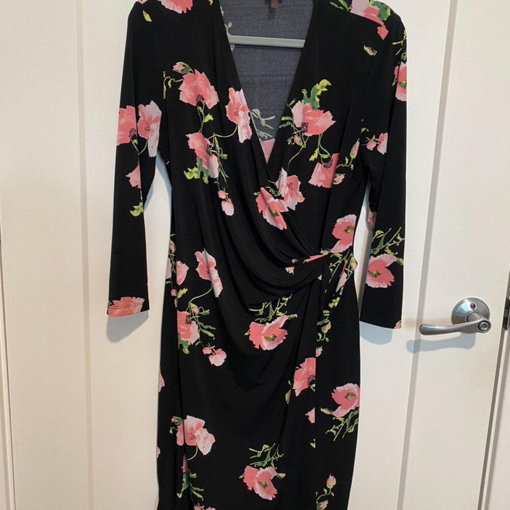 Anne Klein Black Floral Dress | Size Large | Draped Neckline